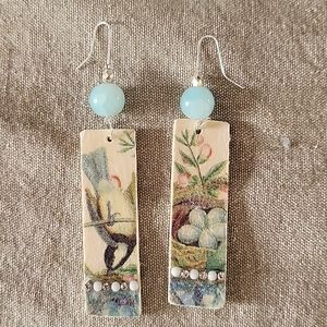 Wire Dangle Earrings, Bird and Nest Pattern
